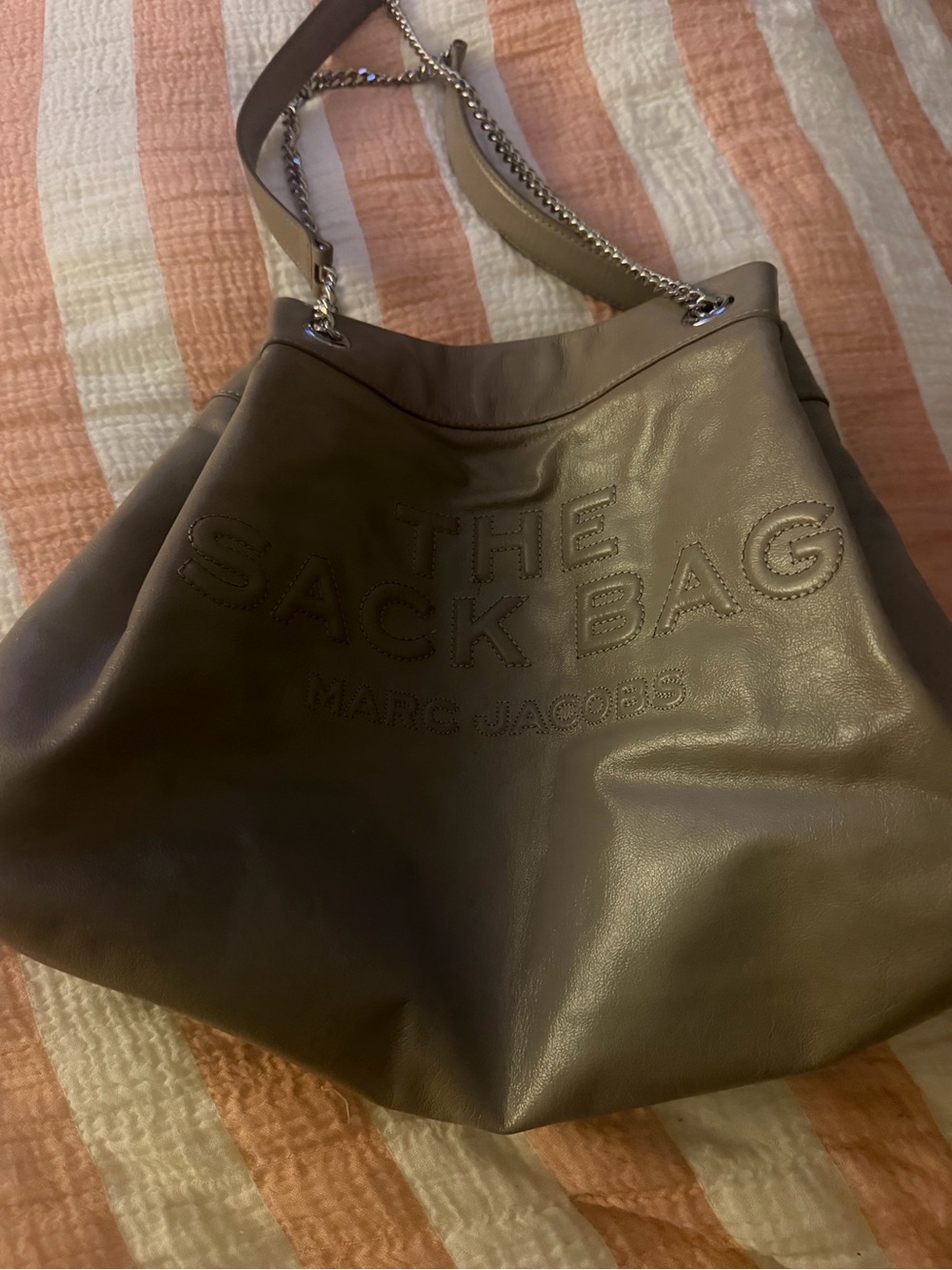 Marc Jacobs Taupe Leather The Sack Bag Duffel with Chain-Strap. Like new